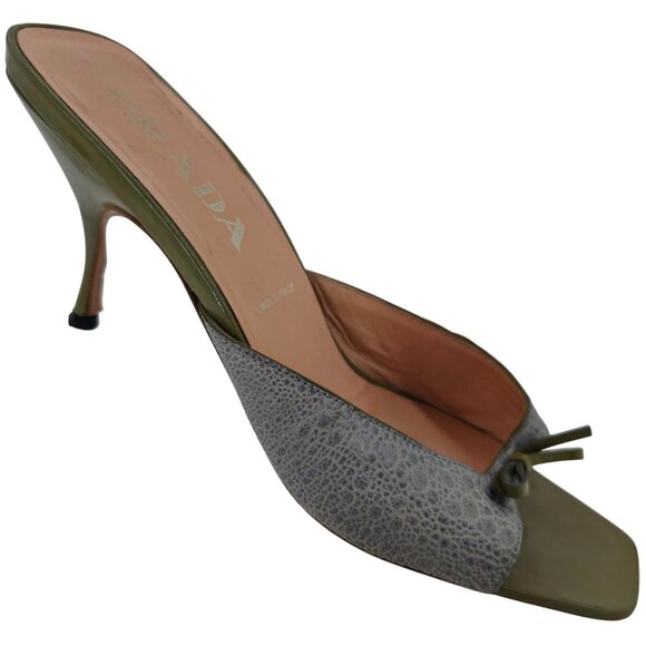 Vintage Prada Italy Designer Heels Grey Green Leather Womens 9 Mules Dress Shoes - Picture 1 of 14